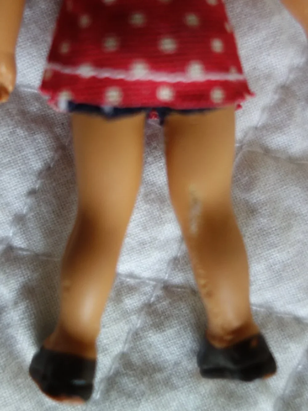 Vntg German ARI Rubber Dollhouse Doll w/ Molded Hair Red Dress